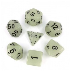 Lot de 7 dés – Blanc phosphorescent en boite