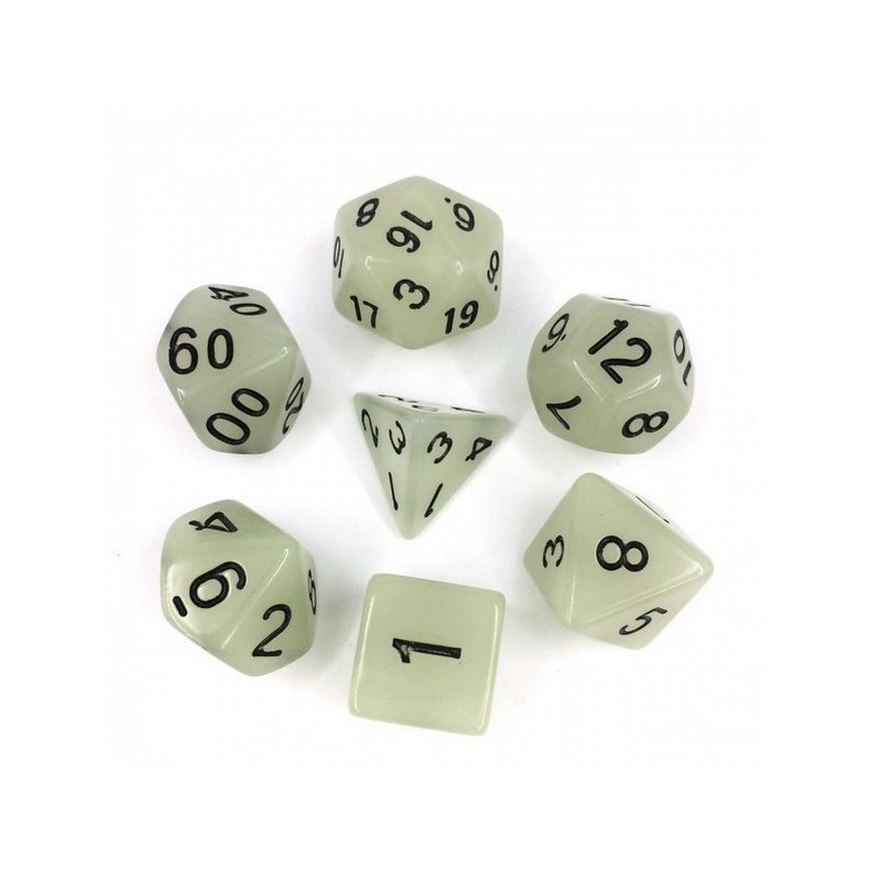 Lot de 7 dés – Blanc phosphorescent en boite Lot de 7 dés – Blanc phosphorescent en boite